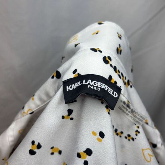 Karl Lagerfield Paris Logo Print Belted Shirtdress Button Up Collared White Gold - Picture 7 of 7